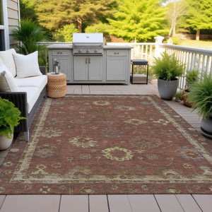 HomeRoots 5' X 8' Elegant Rust and Gold Floral Washable Area Rug for Indoor and Outdoor Spaces – Versatile Design! 630112