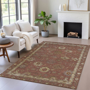 HomeRoots 5' X 8' Elegant Rust and Gold Floral Washable Area Rug for Indoor and Outdoor Spaces – Versatile Design! 630112