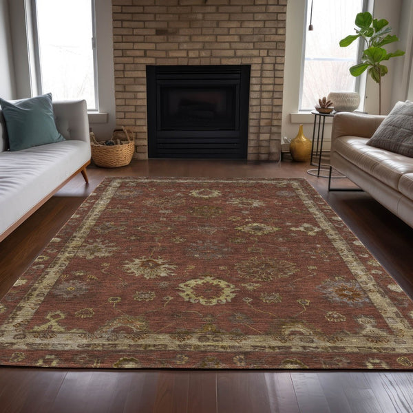 HomeRoots 5' X 8' Elegant Rust and Gold Floral Washable Area Rug for Indoor and Outdoor Spaces – Versatile Design! 630112