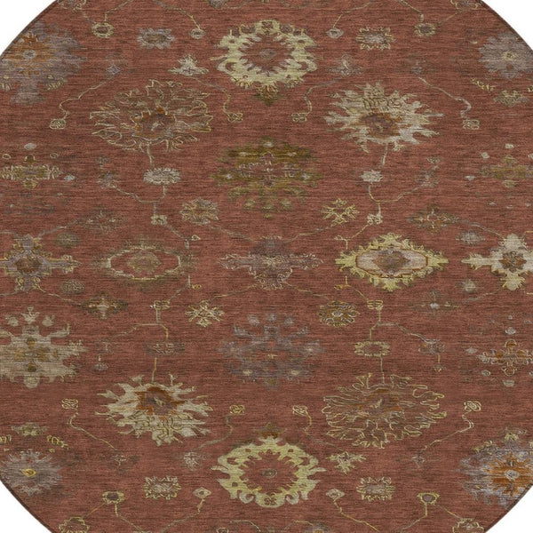 HomeRoots 8' Round Floral Area Rug in Rust & Gold - Washable, Durable Indoor/Outdoor Décor for Any Space 630113