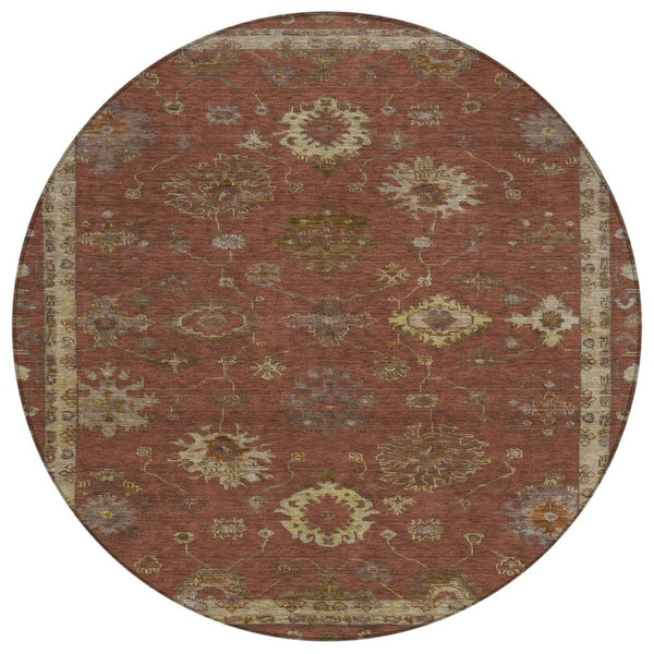 HomeRoots 8' Round Floral Area Rug in Rust & Gold - Washable, Durable Indoor/Outdoor Décor for Any Space 630113