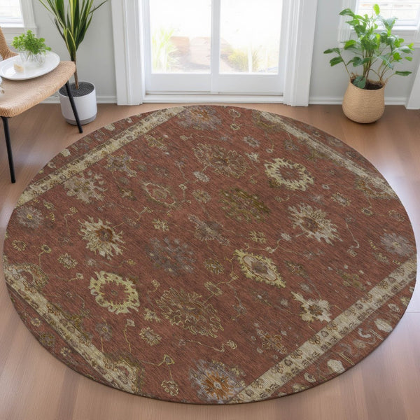 HomeRoots 8' Round Floral Area Rug in Rust & Gold - Washable, Durable Indoor/Outdoor Décor for Any Space 630113