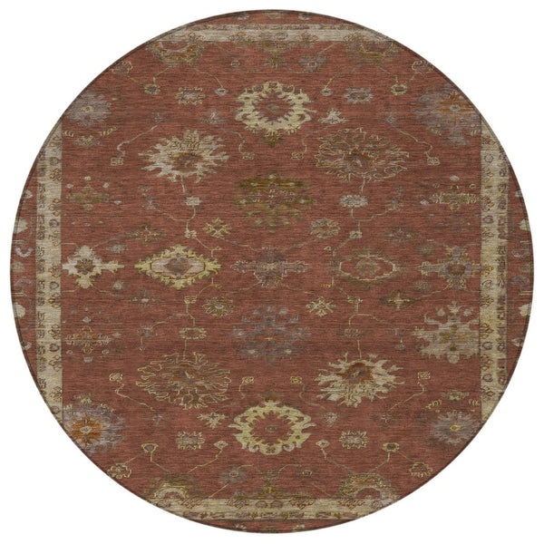 HomeRoots 8' Round Floral Area Rug in Rust & Gold - Washable, Durable Indoor/Outdoor Décor for Any Space 630113