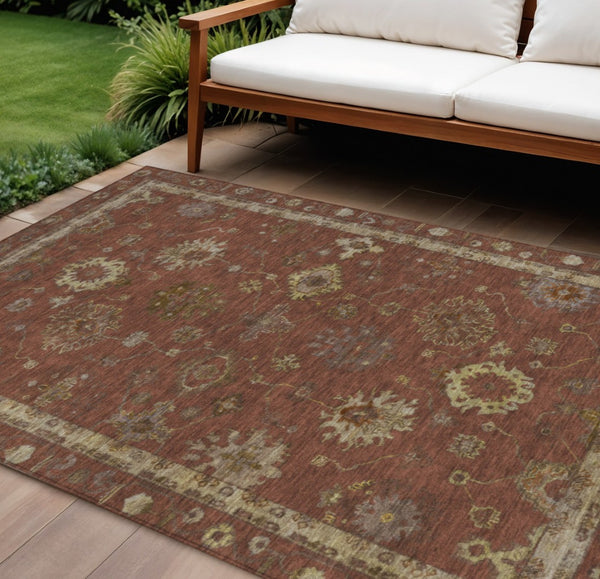 HomeRoots 8' X 10' Elegant Rust and Gold Floral Washable Area Rug for Indoor & Outdoor Spaces, Durable & Stylish 630114