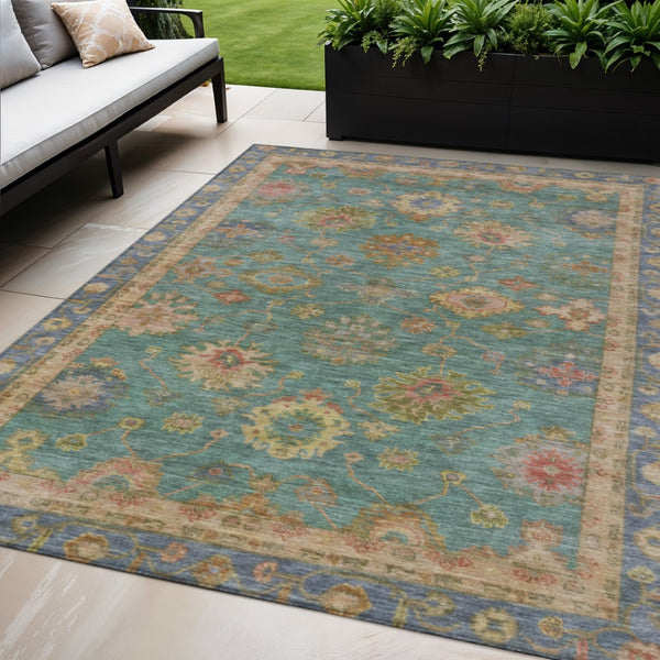 HomeRoots 5' Teal Blue & Gold Floral Washable Area Rug - Indoor/Outdoor, Stain-Resistant, Machine-Washable! 630118