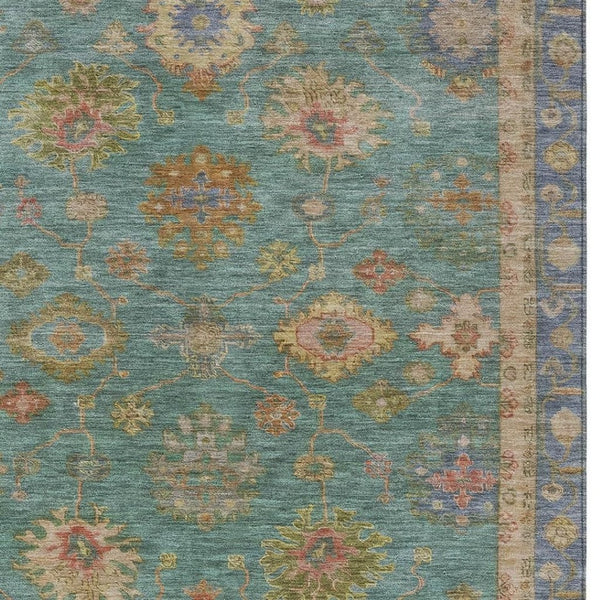 HomeRoots 5' Teal Blue & Gold Floral Washable Area Rug - Indoor/Outdoor, Stain-Resistant, Machine-Washable! 630118
