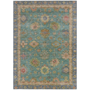 HomeRoots 5' Teal Blue & Gold Floral Washable Area Rug - Indoor/Outdoor, Stain-Resistant, Machine-Washable! 630118
