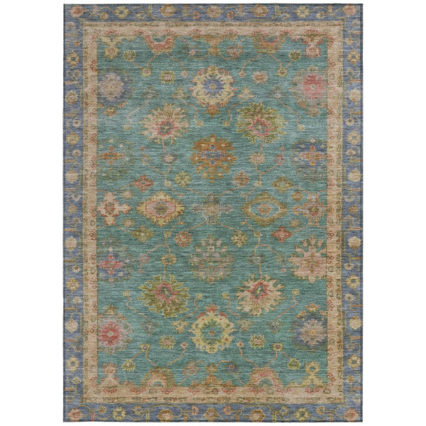 HomeRoots 5' Teal Blue & Gold Floral Washable Area Rug - Indoor/Outdoor, Stain-Resistant, Machine-Washable! 630118