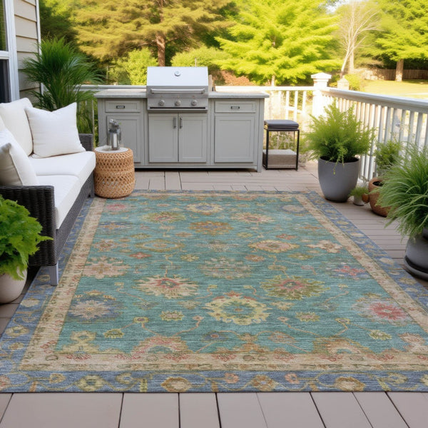HomeRoots 5' Teal Blue & Gold Floral Washable Area Rug - Indoor/Outdoor, Stain-Resistant, Machine-Washable! 630118