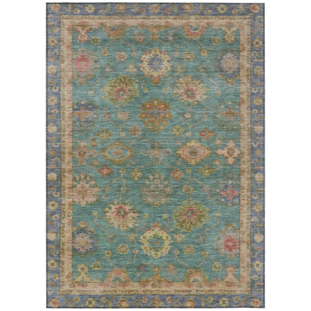 HomeRoots 5' Teal Blue & Gold Floral Washable Area Rug - Indoor/Outdoor, Stain-Resistant, Machine-Washable! 630118