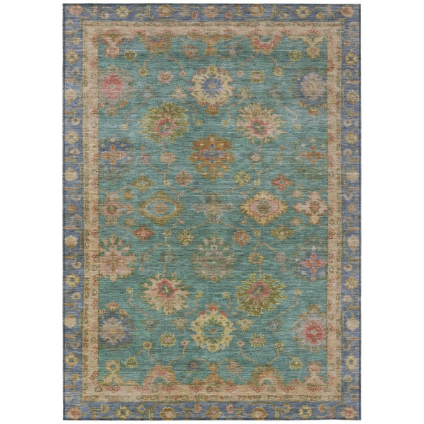 HomeRoots 5' Teal Blue & Gold Floral Washable Area Rug - Indoor/Outdoor, Stain-Resistant, Machine-Washable! 630118