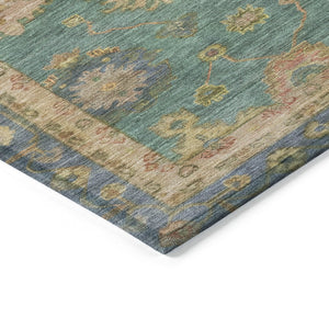 HomeRoots 5' Teal Blue & Gold Floral Washable Area Rug - Indoor/Outdoor, Stain-Resistant, Machine-Washable! 630118