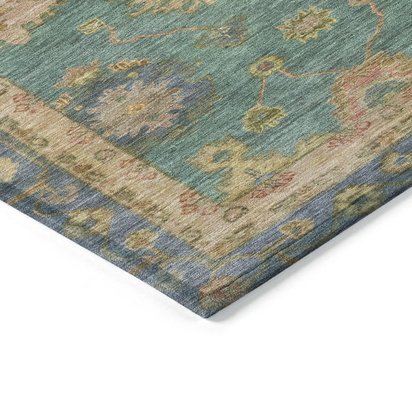 HomeRoots 5' Teal Blue & Gold Floral Washable Area Rug - Indoor/Outdoor, Stain-Resistant, Machine-Washable! 630118