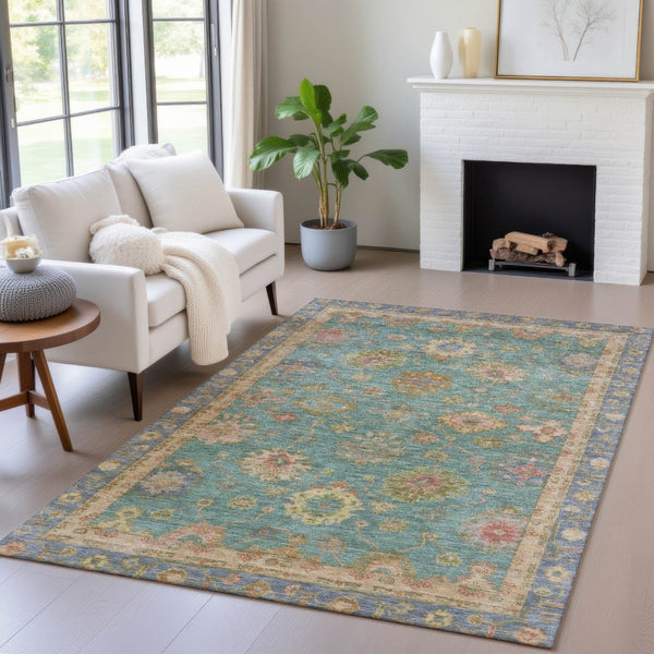 HomeRoots 5' Teal Blue & Gold Floral Washable Area Rug - Indoor/Outdoor, Stain-Resistant, Machine-Washable! 630118