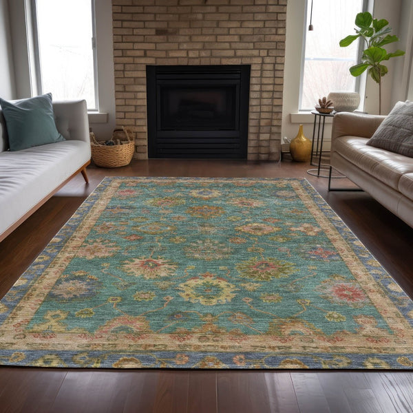 HomeRoots 5' Teal Blue & Gold Floral Washable Area Rug - Indoor/Outdoor, Stain-Resistant, Machine-Washable! 630118