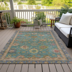HomeRoots 5' Teal Blue & Gold Floral Washable Area Rug - Indoor/Outdoor, Stain-Resistant, Machine-Washable! 630118