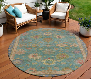HomeRoots 8' Teal Blue and Gold Floral Area Rug - Washable, Heavy-Duty, Indoor/Outdoor for Any Space Elegance 630119