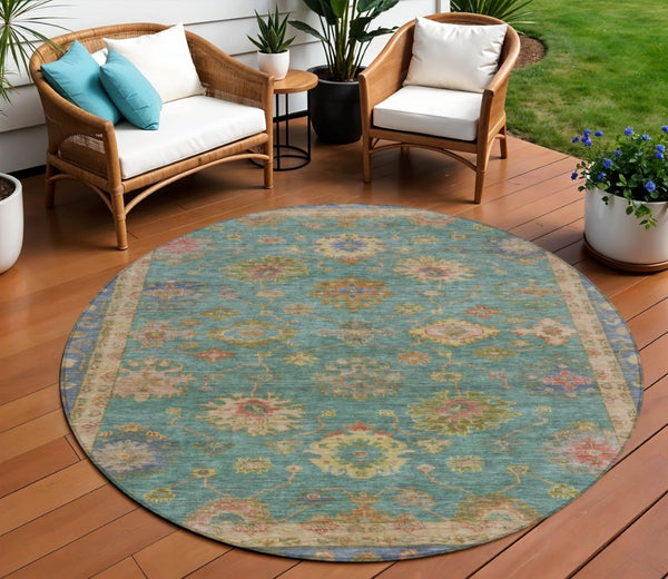 HomeRoots 8' Teal Blue and Gold Floral Area Rug - Washable, Heavy-Duty, Indoor/Outdoor for Any Space Elegance 630119