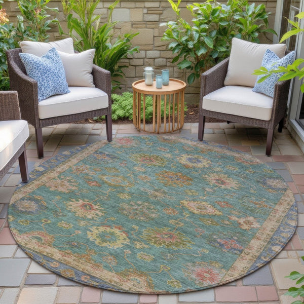 HomeRoots 8' Teal Blue and Gold Floral Area Rug - Washable, Heavy-Duty, Indoor/Outdoor for Any Space Elegance 630119