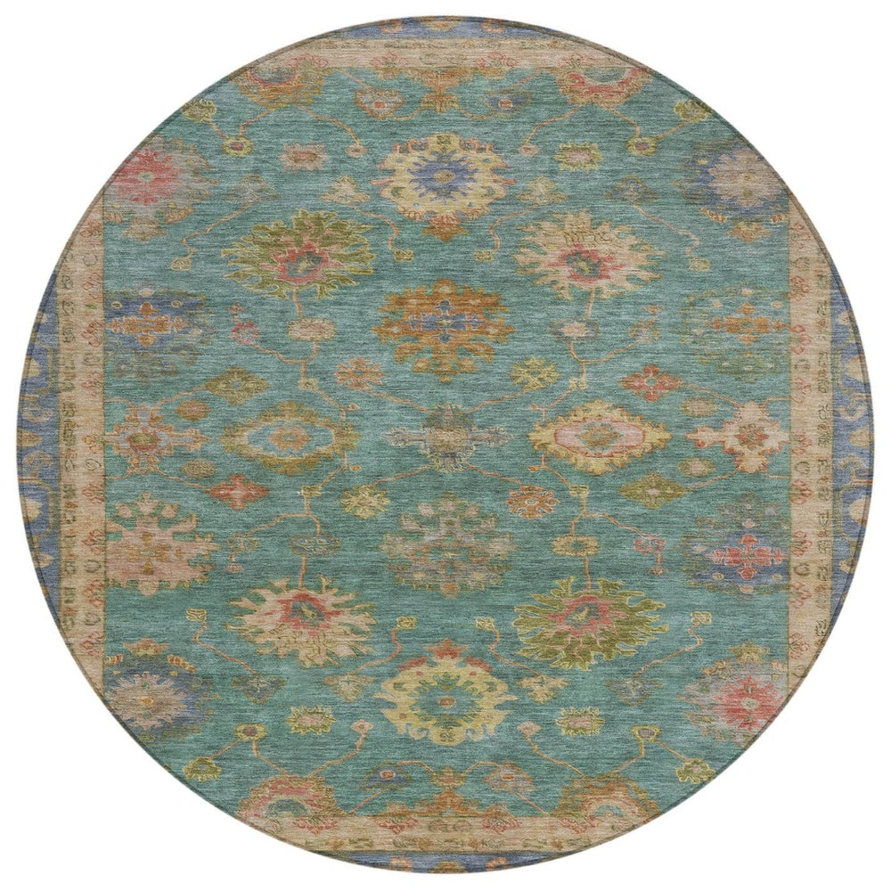 HomeRoots 8' Teal Blue and Gold Floral Area Rug - Washable, Heavy-Duty, Indoor/Outdoor for Any Space Elegance 630119