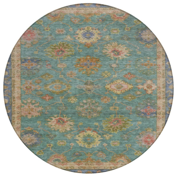 HomeRoots 8' Teal Blue and Gold Floral Area Rug - Washable, Heavy-Duty, Indoor/Outdoor for Any Space Elegance 630119