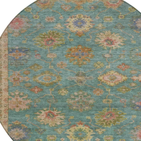 HomeRoots 8' Teal Blue and Gold Floral Area Rug - Washable, Heavy-Duty, Indoor/Outdoor for Any Space Elegance 630119