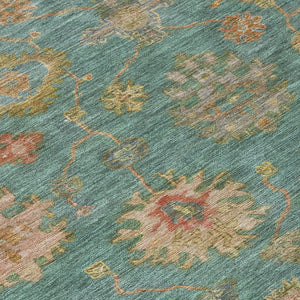 HomeRoots 8' Teal Blue and Gold Floral Area Rug - Washable, Heavy-Duty, Indoor/Outdoor for Any Space Elegance 630119