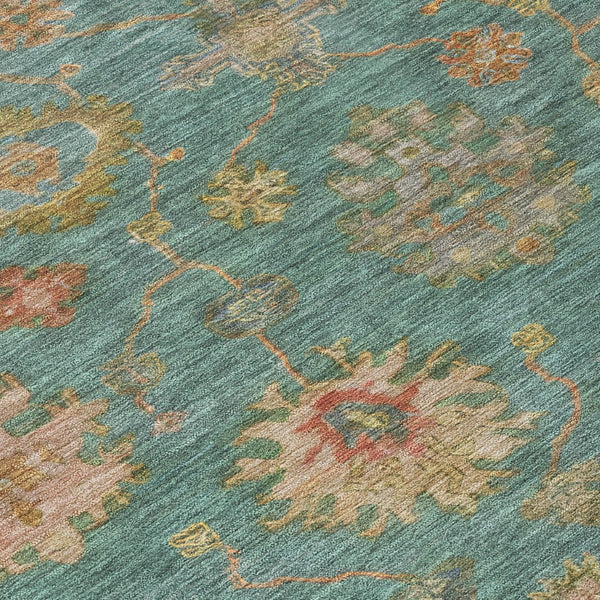 HomeRoots 8' Teal Blue and Gold Floral Area Rug - Washable, Heavy-Duty, Indoor/Outdoor for Any Space Elegance 630119