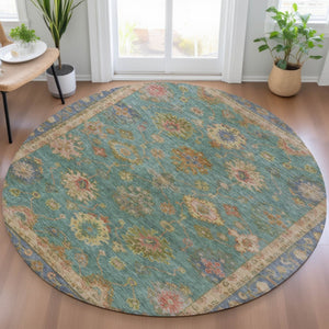 HomeRoots 8' Teal Blue and Gold Floral Area Rug - Washable, Heavy-Duty, Indoor/Outdoor for Any Space Elegance 630119