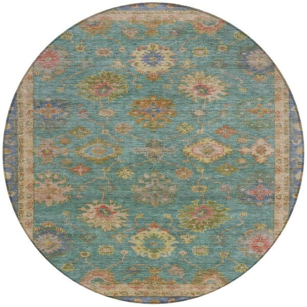 HomeRoots 8' Teal Blue and Gold Floral Area Rug - Washable, Heavy-Duty, Indoor/Outdoor for Any Space Elegance 630119