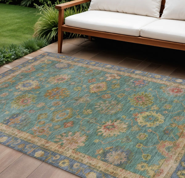 HomeRoots 9' X 12' Teal Blue & Gold Floral Rug – Durable, Washable Indoor/Outdoor Area Rug for High Traffic Spaces 630121