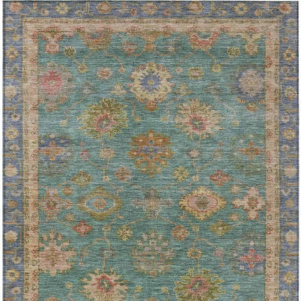 HomeRoots 9' X 12' Teal Blue & Gold Floral Rug – Durable, Washable Indoor/Outdoor Area Rug for High Traffic Spaces 630121