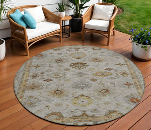HomeRoots 8' Taupe and Gold Round Floral Area Rug - Stylish, Washable, Durable for Indoor & Outdoor Use 630125