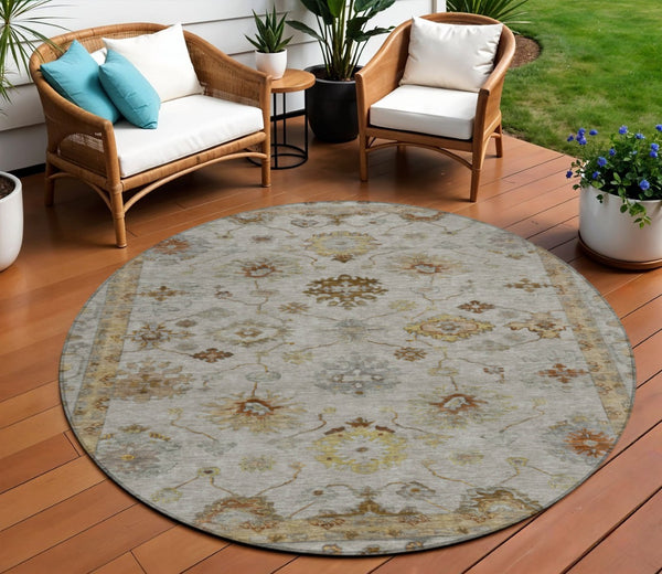 HomeRoots 8' Taupe and Gold Round Floral Area Rug - Stylish, Washable, Durable for Indoor & Outdoor Use 630125