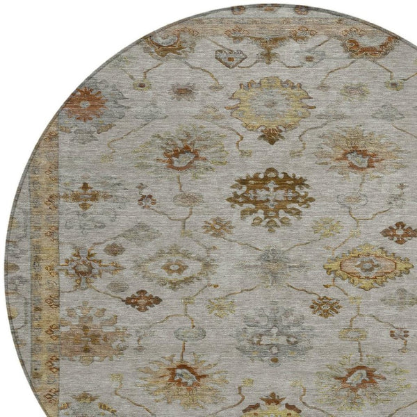 HomeRoots 8' Taupe and Gold Round Floral Area Rug - Stylish, Washable, Durable for Indoor & Outdoor Use 630125