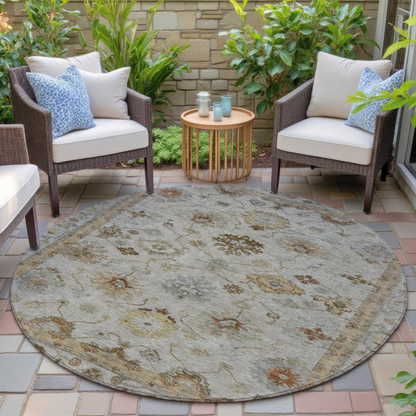 HomeRoots 8' Taupe and Gold Round Floral Area Rug - Stylish, Washable, Durable for Indoor & Outdoor Use 630125