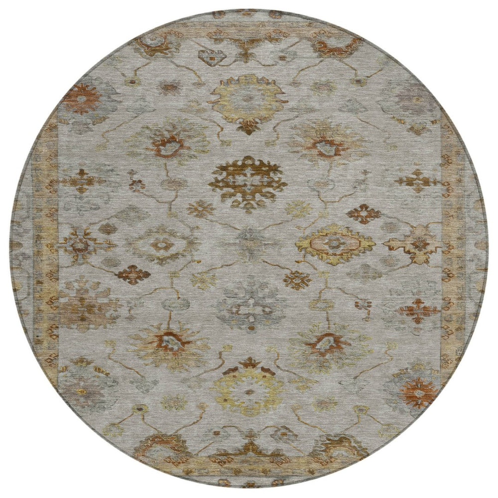 HomeRoots 8' Taupe and Gold Round Floral Area Rug - Stylish, Washable, Durable for Indoor & Outdoor Use 630125