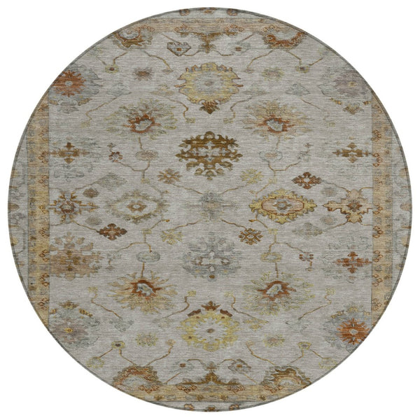 HomeRoots 8' Taupe and Gold Round Floral Area Rug - Stylish, Washable, Durable for Indoor & Outdoor Use 630125