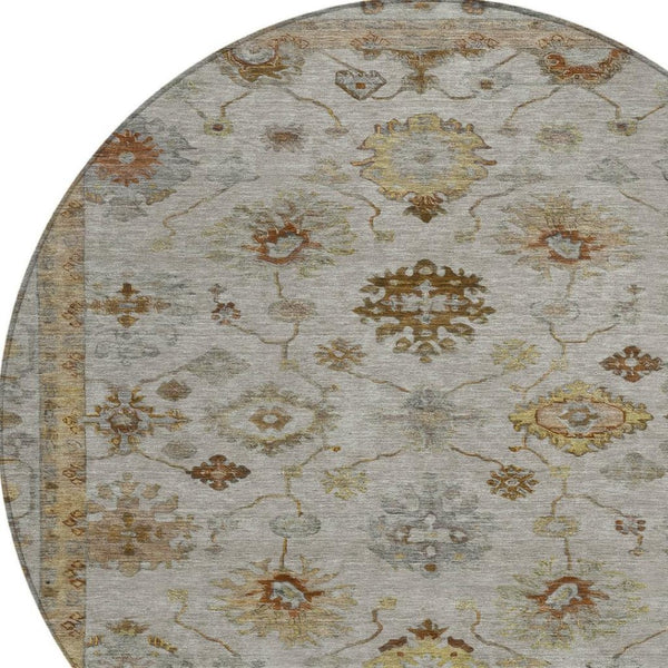 HomeRoots 8' Taupe and Gold Round Floral Area Rug - Stylish, Washable, Durable for Indoor & Outdoor Use 630125
