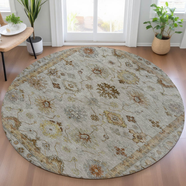 HomeRoots 8' Taupe and Gold Round Floral Area Rug - Stylish, Washable, Durable for Indoor & Outdoor Use 630125