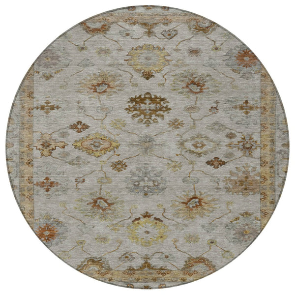 HomeRoots 8' Taupe and Gold Round Floral Area Rug - Stylish, Washable, Durable for Indoor & Outdoor Use 630125