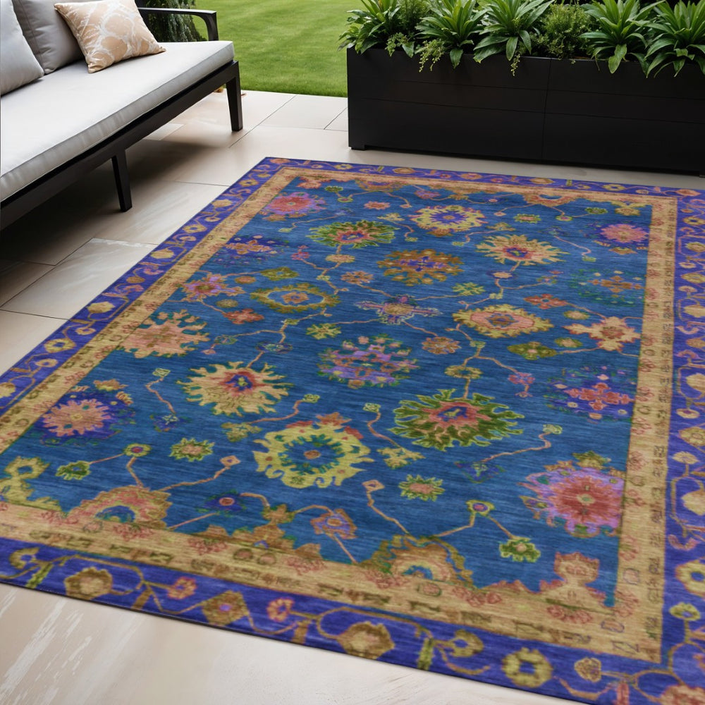 HomeRoots 5' X 8' Blue and Gold Floral Area Rug - Washable, Stylish, Durable for Indoor and Outdoor Spaces 630130