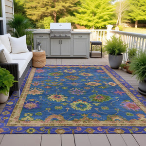 HomeRoots 5' X 8' Blue and Gold Floral Area Rug - Washable, Stylish, Durable for Indoor and Outdoor Spaces 630130