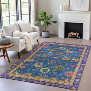 HomeRoots 5' X 8' Blue and Gold Floral Area Rug - Washable, Stylish, Durable for Indoor and Outdoor Spaces 630130