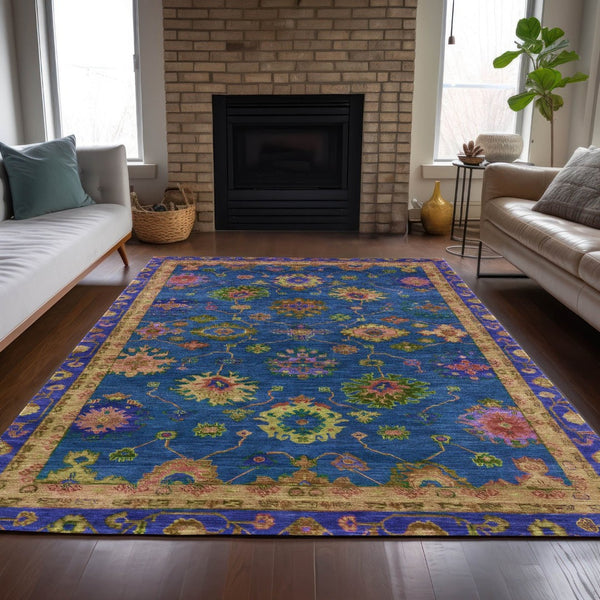 HomeRoots 5' X 8' Blue and Gold Floral Area Rug - Washable, Stylish, Durable for Indoor and Outdoor Spaces 630130