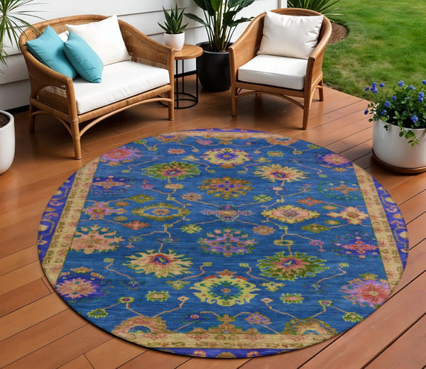 HomeRoots 8' Blue and Gold Floral Area Rug - Stylish, Washable Indoor/Outdoor Decor for Home & Patio Spaces 630131