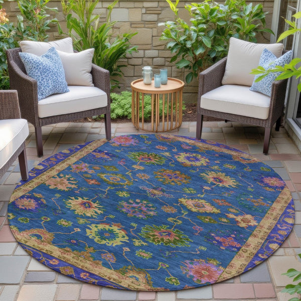HomeRoots 8' Blue and Gold Floral Area Rug - Stylish, Washable Indoor/Outdoor Decor for Home & Patio Spaces 630131