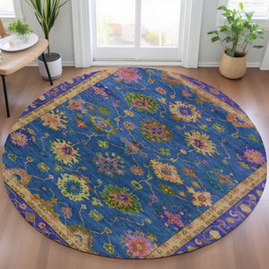 HomeRoots 8' Blue and Gold Floral Area Rug - Stylish, Washable Indoor/Outdoor Decor for Home & Patio Spaces 630131