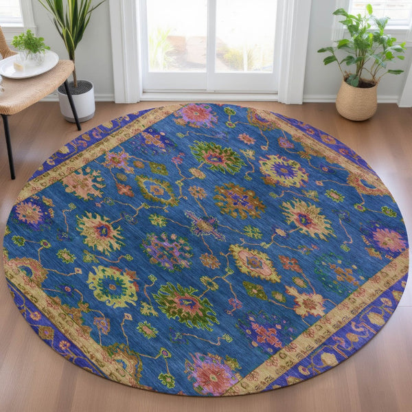 HomeRoots 8' Blue and Gold Floral Area Rug - Stylish, Washable Indoor/Outdoor Decor for Home & Patio Spaces 630131