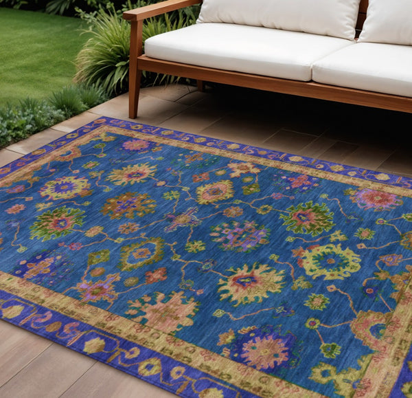 HomeRoots 8' X 10' Washable Blue and Gold Floral Area Rug - Stylish, Durable Indoor/Outdoor Décor for Any Space 630132
